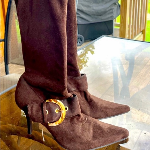 Madeline sexy boots in soft suede, Gold Buckle accent, 2.8" heel. - Picture 7 of 7